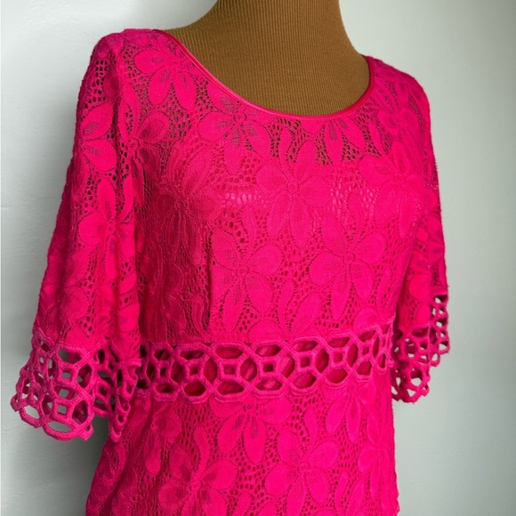 Laundry Shelli Segal Dress Pink Crochet Floral Knit Short Sleeve Sheath Size 6 - Picture 3 of 12